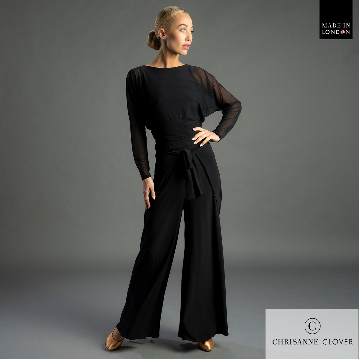 Chrisanne Clover Anya palazzo dance trousers in black — full-length front view