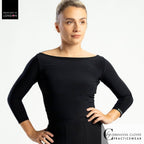 Chrisanne Clover Bellatrix dance top in black — front view with three-quarter sleeves