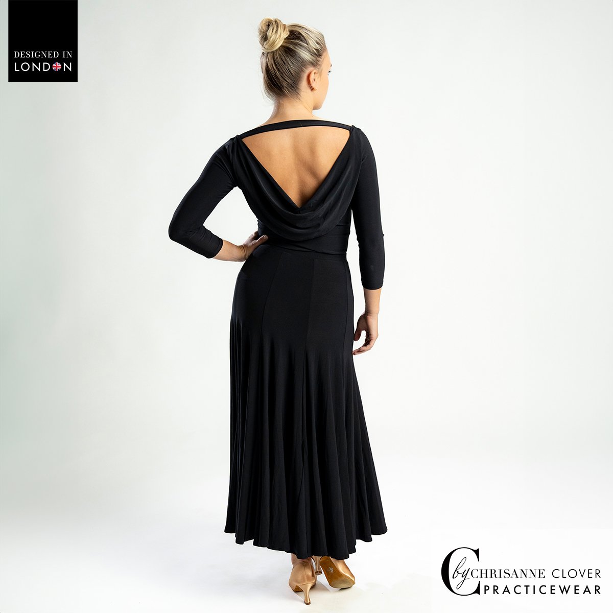 Back view of the Bellatrix dance top with the Capella Ballroom skirt
