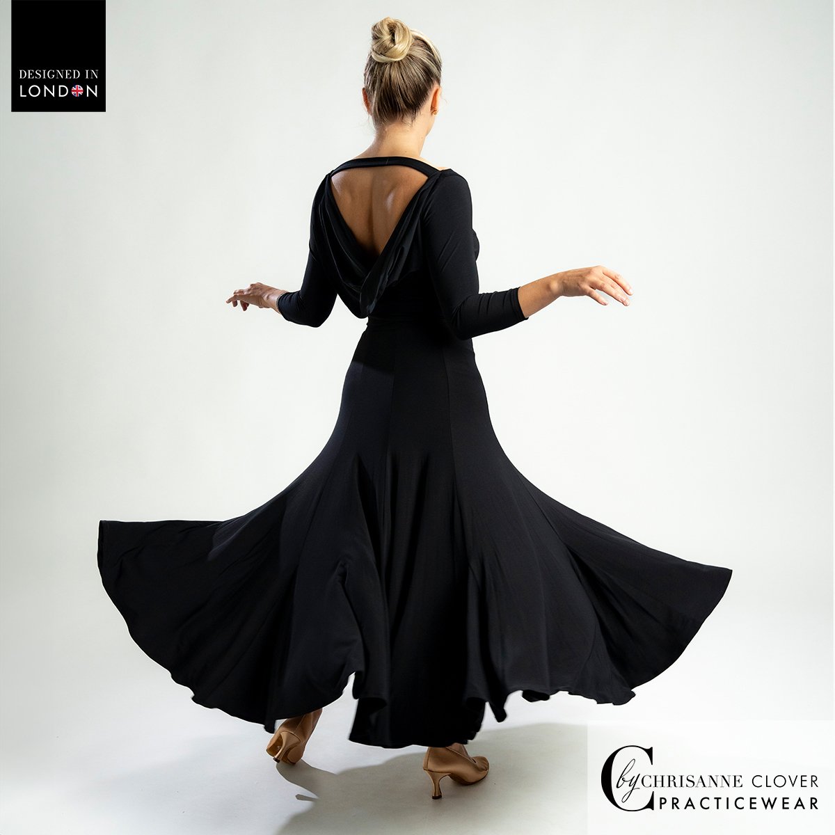 Bellatrix top and Capella Ballroom skirt in a turn, showing the cowl back
