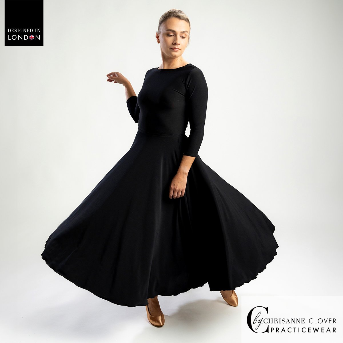 Back view of the Clio Ballroom skirt with the Gaia top