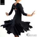 Chrisanne Clover Comet Latin dance skirt in black stretch crepe, featuring a dynamic handkerchief panel design and a right-side split for competitive practice wear.