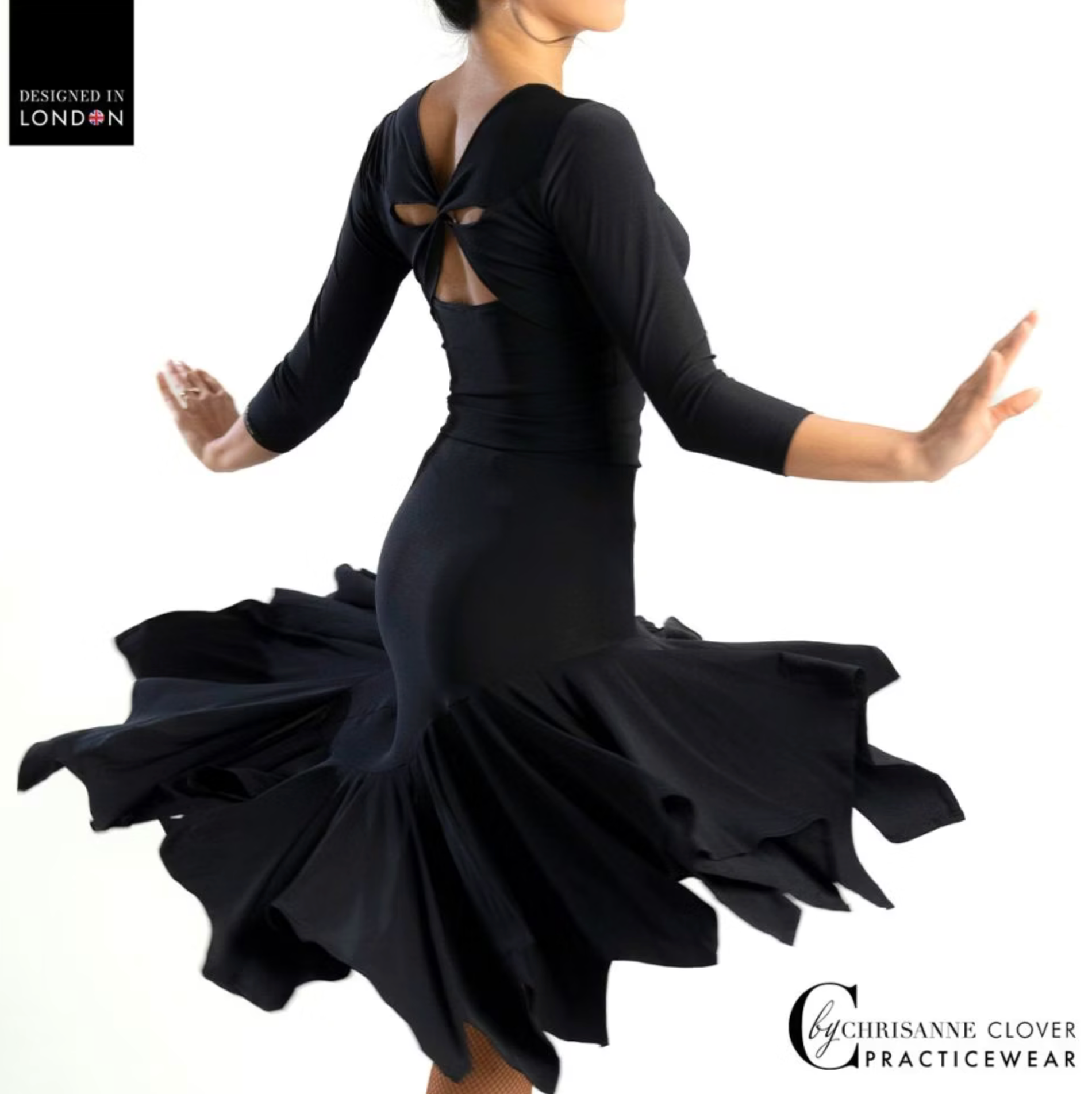 Chrisanne Clover Comet Latin dance skirt in black stretch crepe, featuring a dynamic handkerchief panel design and a right-side split for competitive practice wear.