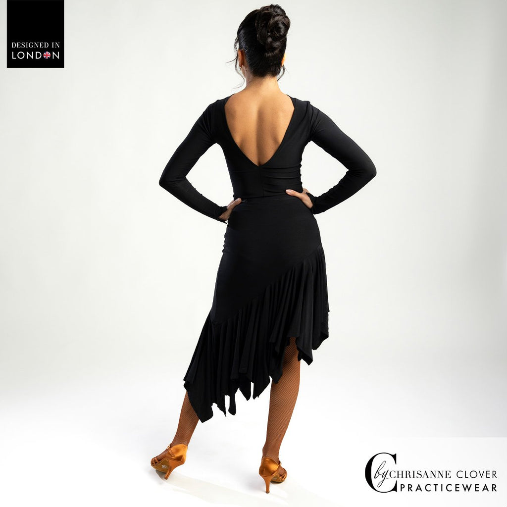 Back view of the Eris leotard with the Comet Latin skirt