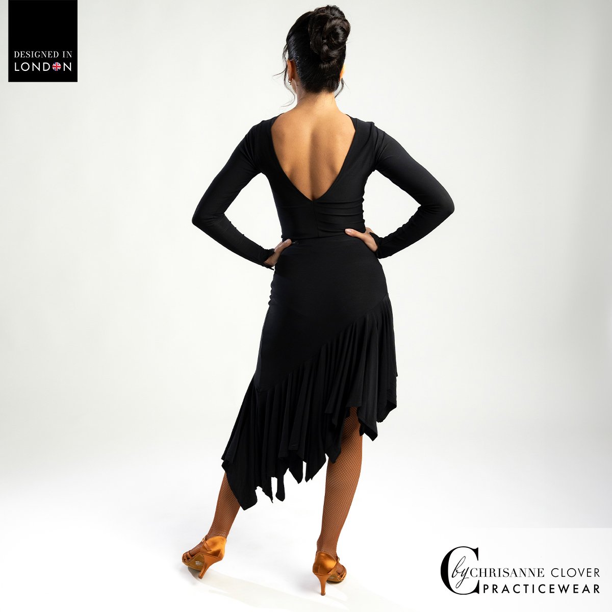 Back view of the Eris leotard with the Comet Latin skirt