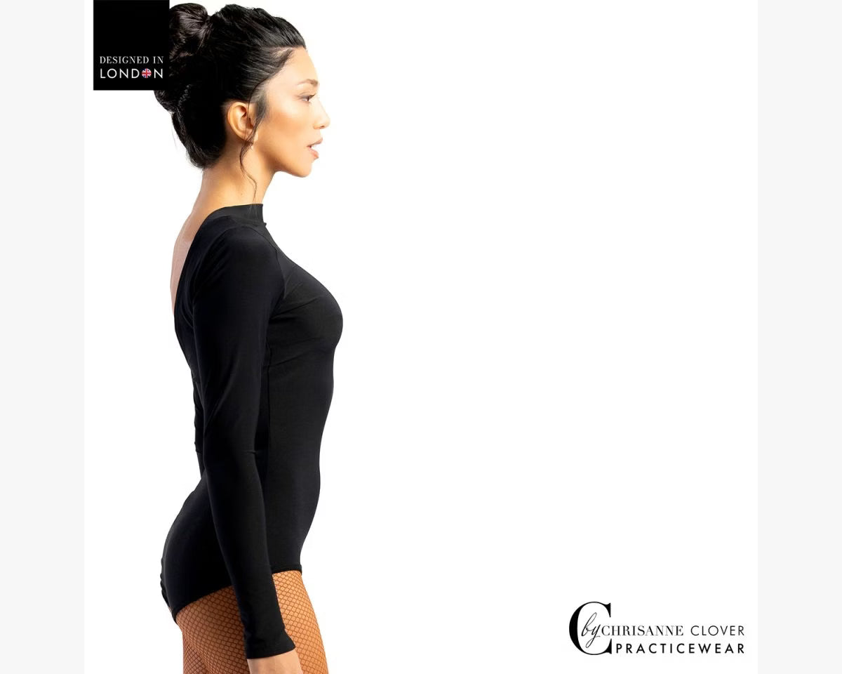 Chrisanne Clover Eris long sleeve dance leotard with a high neckline profile, luxury black stretch crepe bodice with Popper fastenings for ladies ballroom, Latin, and sequence dance practice.