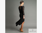 Rear view silhouette of the Chrisanne Clover Kira Latin Dress, displaying the fluid movement of the asymmetric skirt panels during dancesport training