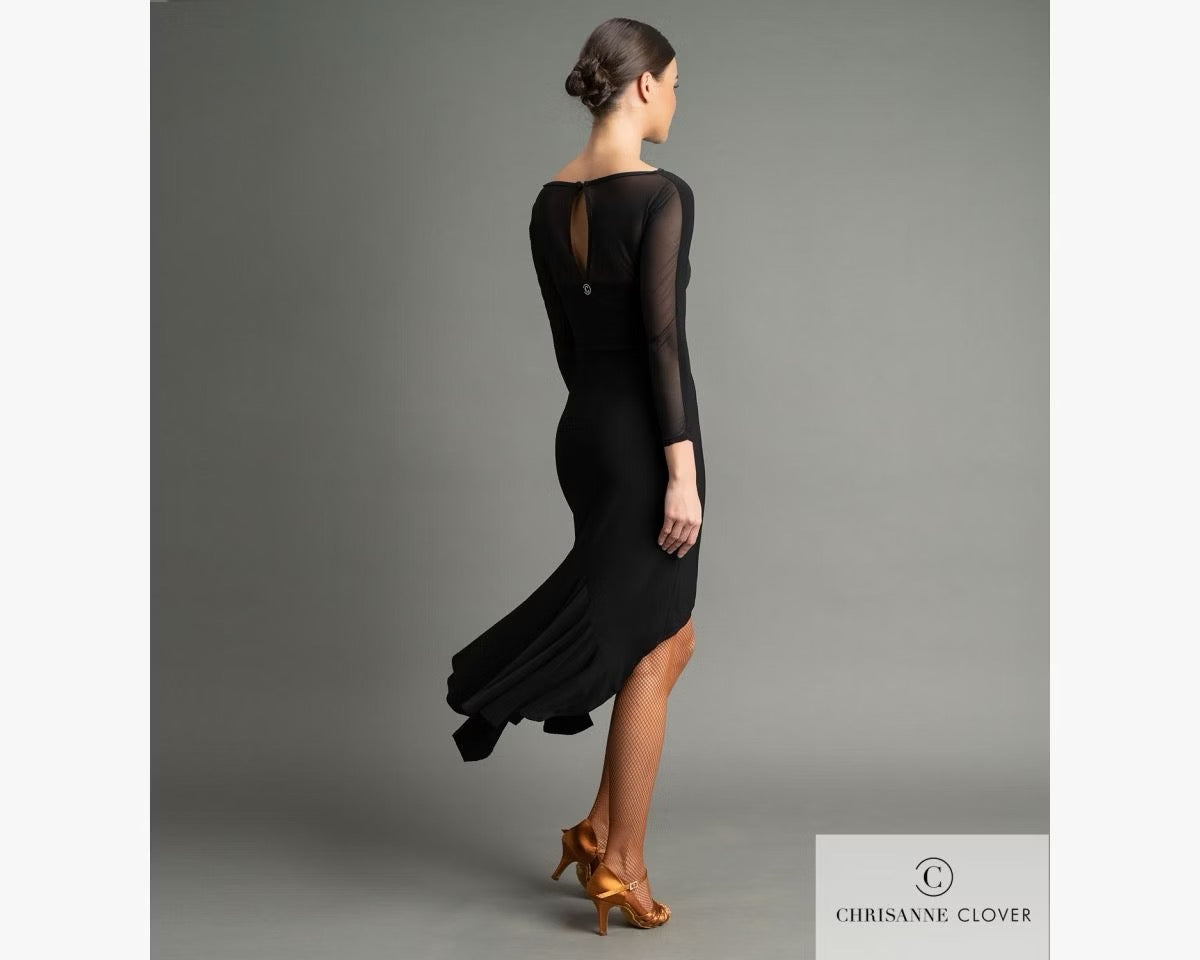 Rear view silhouette of the Chrisanne Clover Kira Latin Dress, displaying the fluid movement of the asymmetric skirt panels during dancesport training