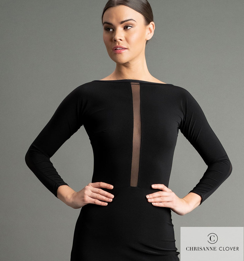 Chrisanne Clover Kira Latin dress showing the sheer net front panel