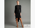 Chrisanne Clover Kira Latin Dress in black stretch crepe, featuring a refined high neck design and asymmetric hemline for Ballroom and Latin dance practice.