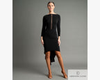 Chrisanne Clover Kira Latin Dress in black stretch crepe, featuring a refined high neck design and asymmetric hemline for Ballroom and Latin dance practice.