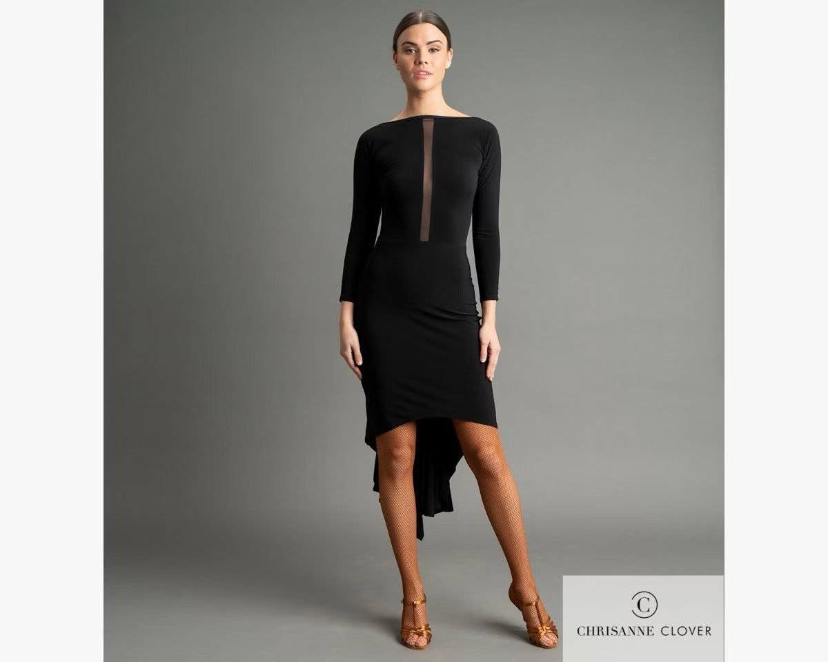 Chrisanne Clover Kira Latin Dress in black stretch crepe, featuring a refined high neck design and asymmetric hemline for Ballroom and Latin dance practice.