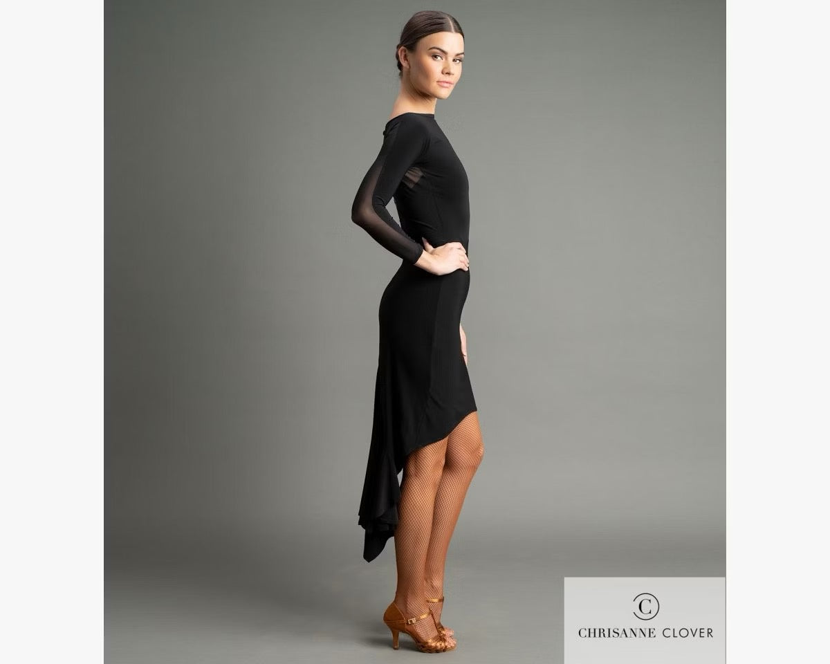Side profile silhouette of the sleek, body-skimming Chrisanne Clover Kira Latin Dress, styled for professional dancesport athletes.