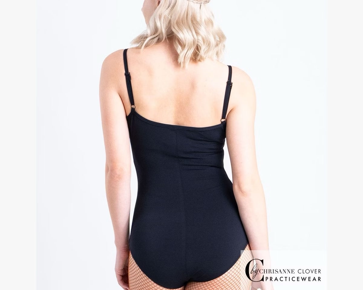 Chrisanne Clover Lynx dance leotard showing the clean scoop back design and supportive body-sculpting panels, luxury ladies ballroom training attire.