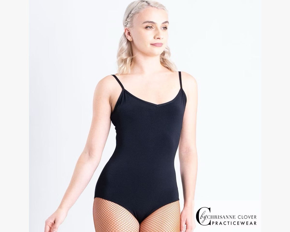 Chrisanne Clover Lynx dance leotard in premium black stretch luxury crepe, featuring an elegant square neckline and adjustable spaghetti straps for ladies ballroom and Latin practice.