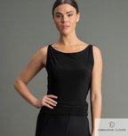 Chrisanne Clover Marcella dance top featuring a sleek fitted sleeveless front silhouette, luxury ladies practice wear with signature crystallized branded logo detail.