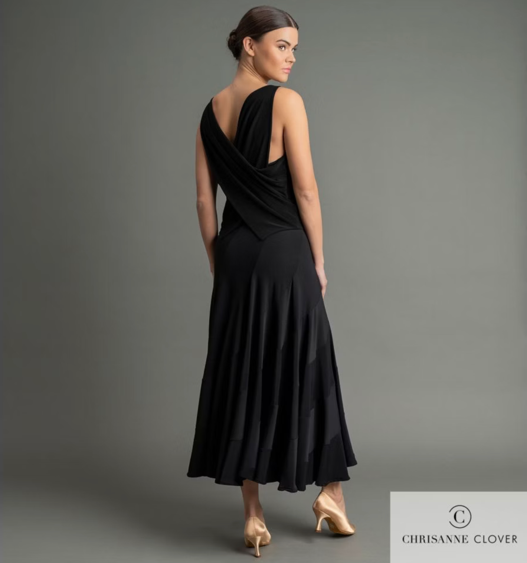 Side profile silhouette of the Chrisanne Clover Marcella sleeveless dance top, styled with practice trousers for Ballroom, Latin, and Sequence dance rounds.