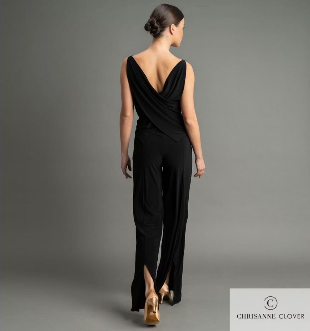 Rear view of the Chrisanne Clover Marcella top in black stretch crepe, showing the deep draped crossover back tailoring for competitive dancers.