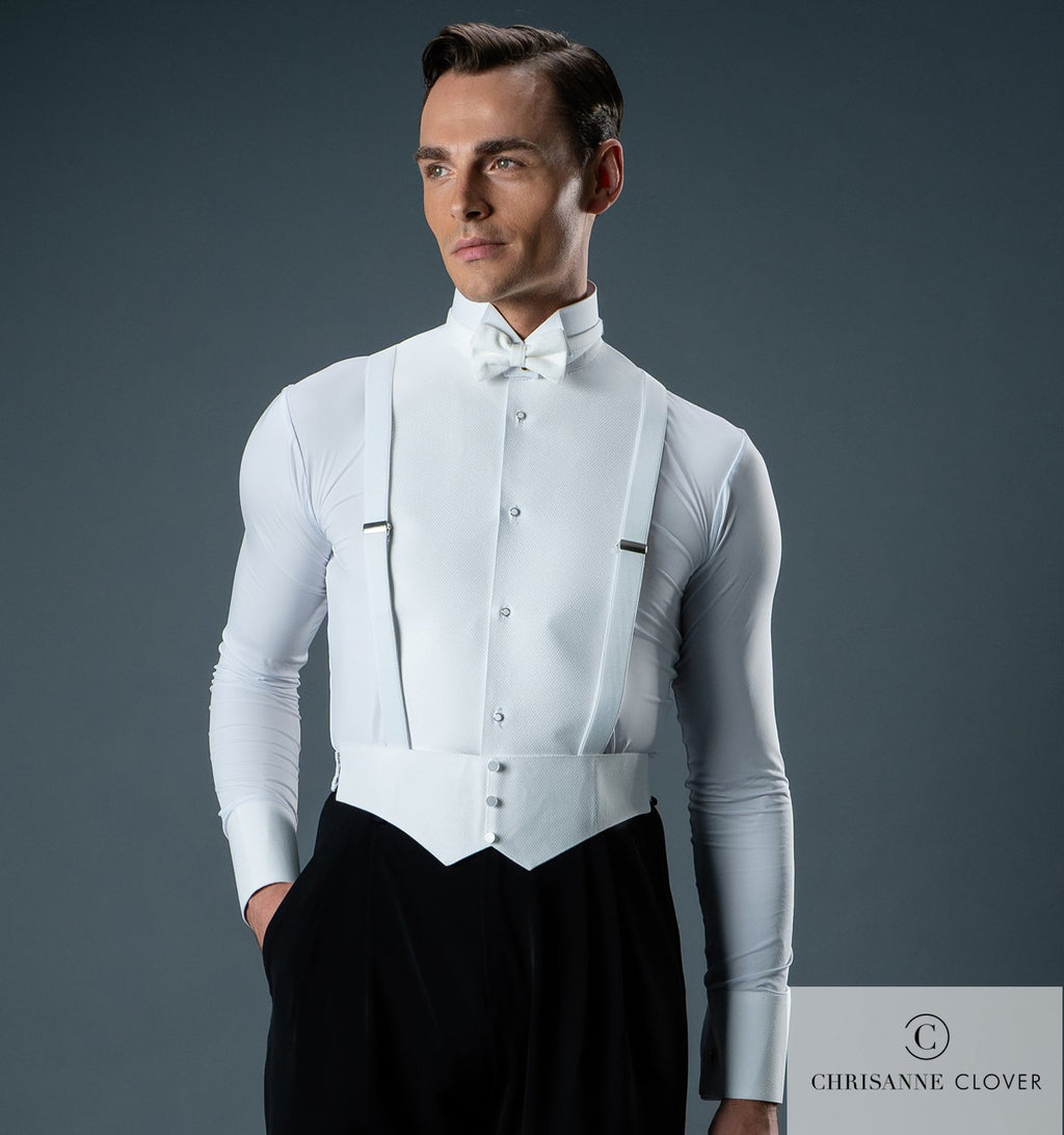 Neck detail of the Chrisanne Clover Ballroom competition shirt