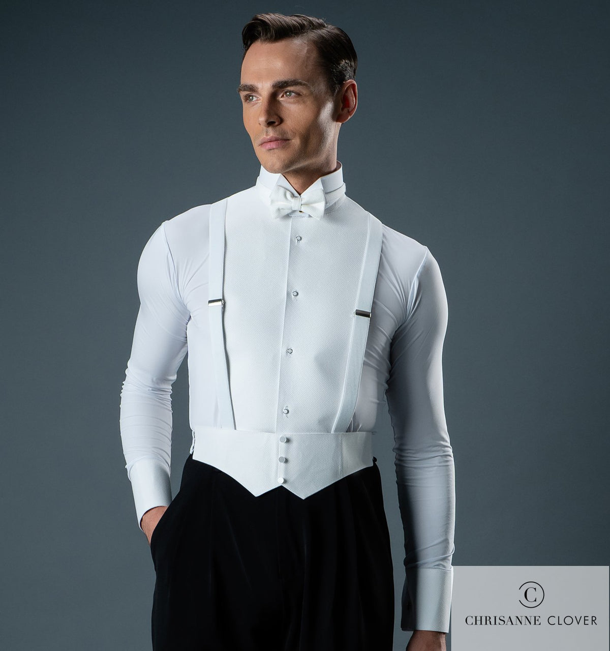 Neck detail of the Chrisanne Clover Ballroom competition shirt