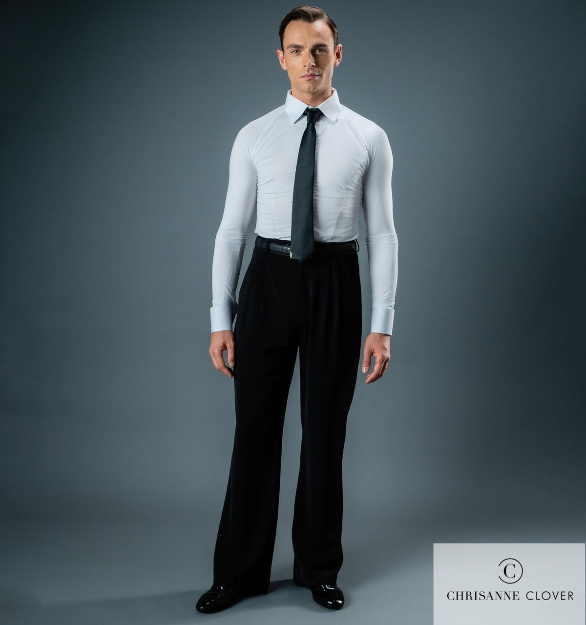 Chrisanne Clover men's Ballroom trousers worn with a white practice shirt and tie