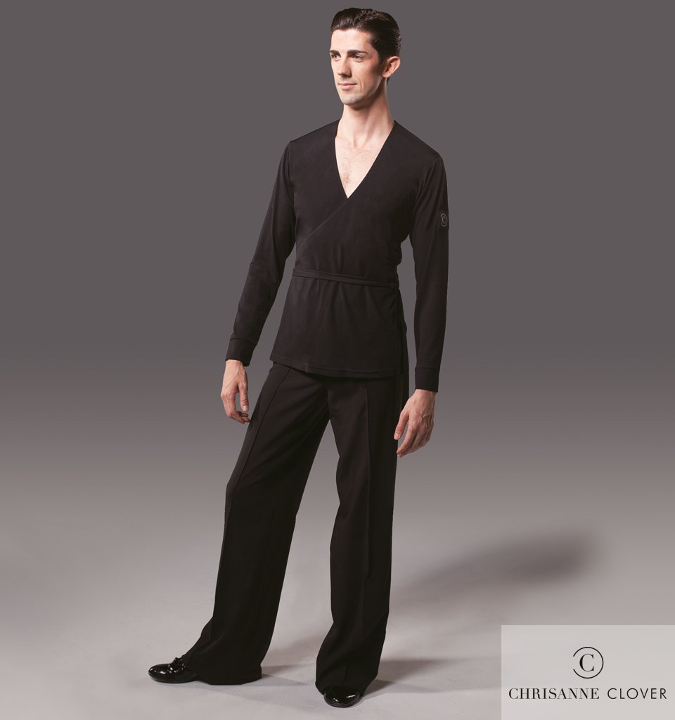 Chrisanne Clover men's belted Latin top in black — full-length view