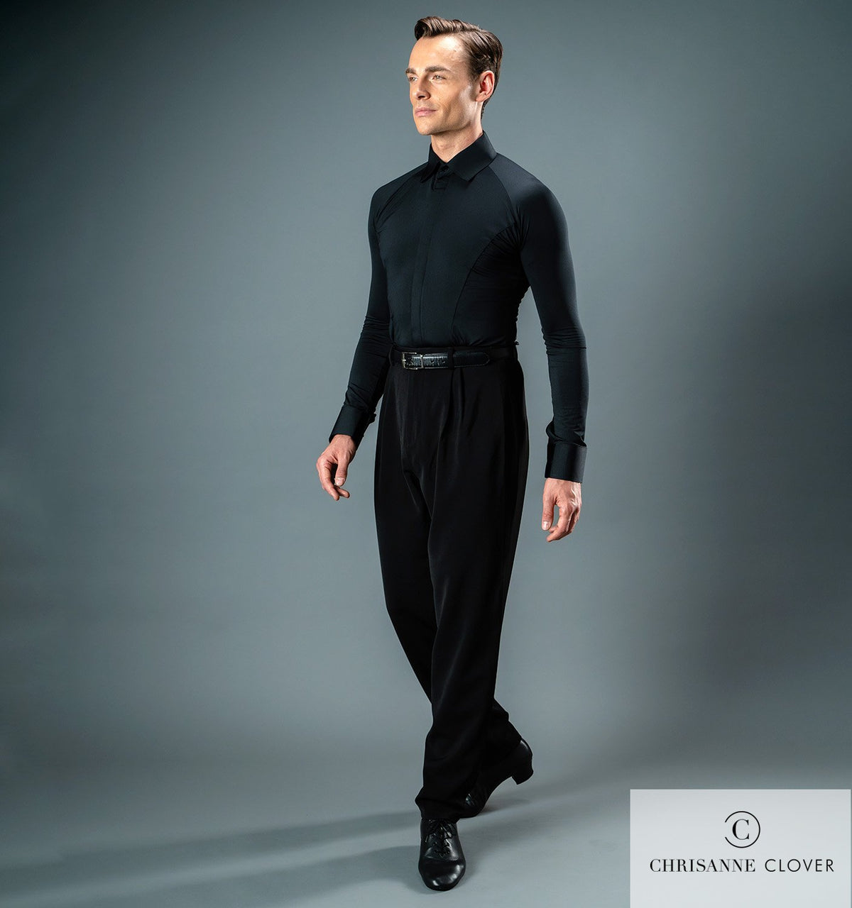 Chrisanne Clover men's Latin practice trousers in black — full-length front view