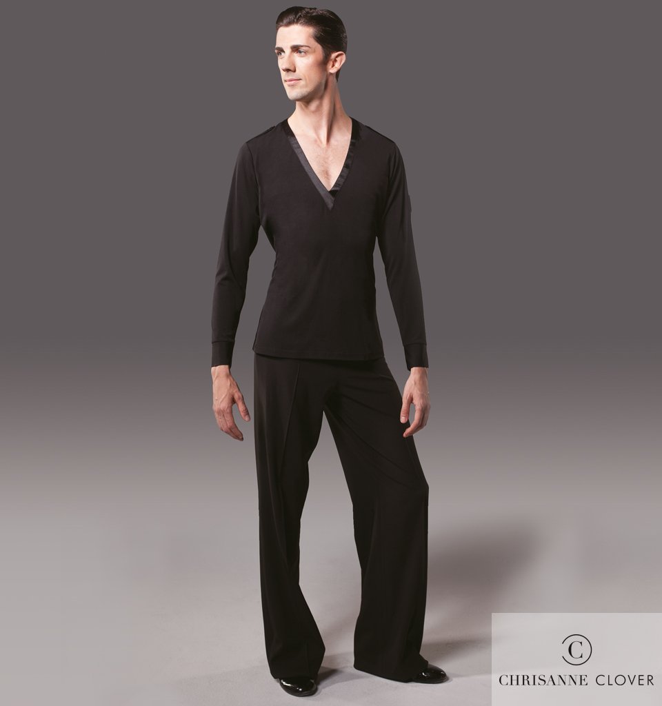 Chrisanne Clover men's low V neck Latin top in black — full-length view