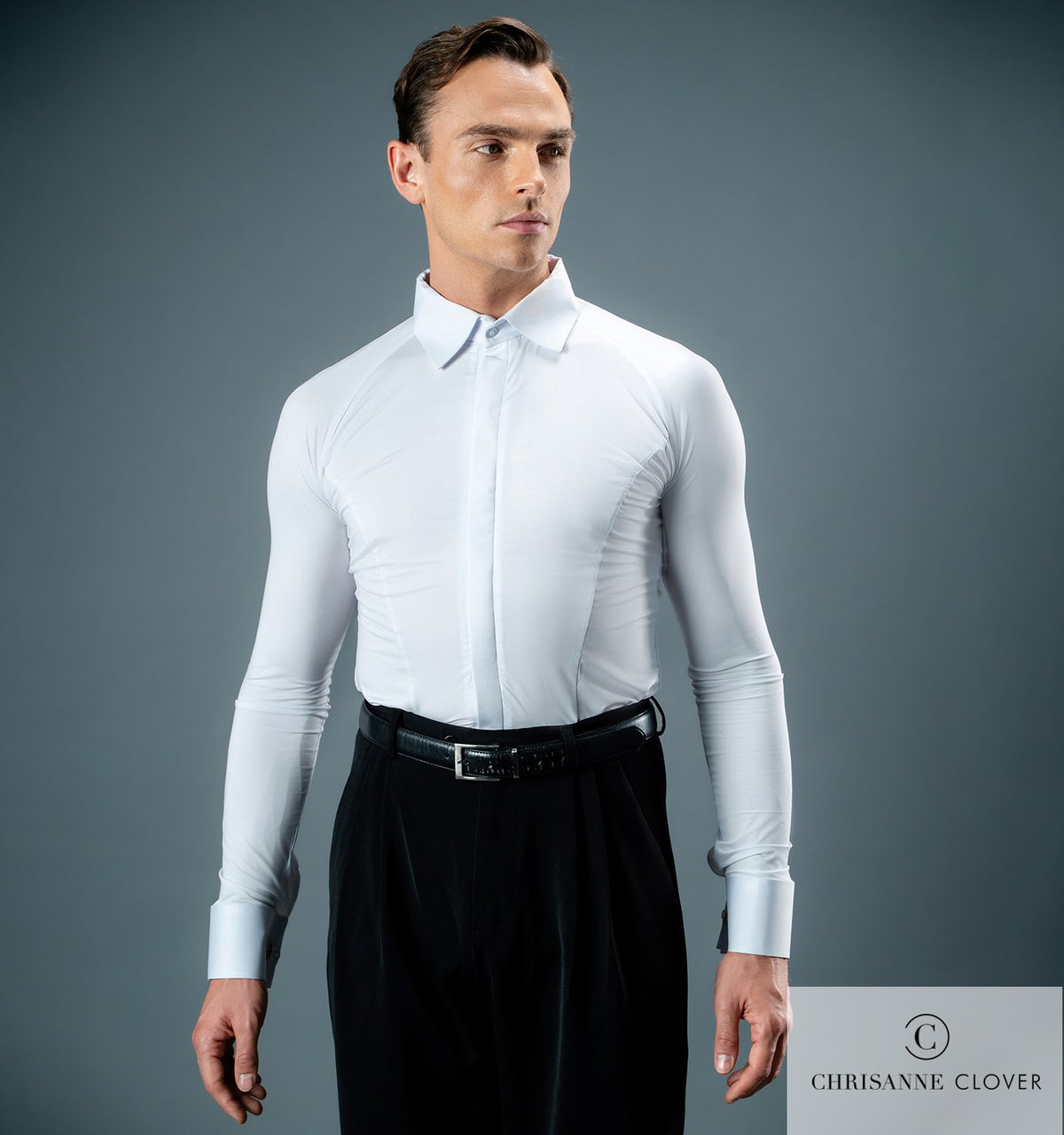 Chrisanne Clover men's raglan Ballroom practice shirt in white — front view with Ballroom trousers