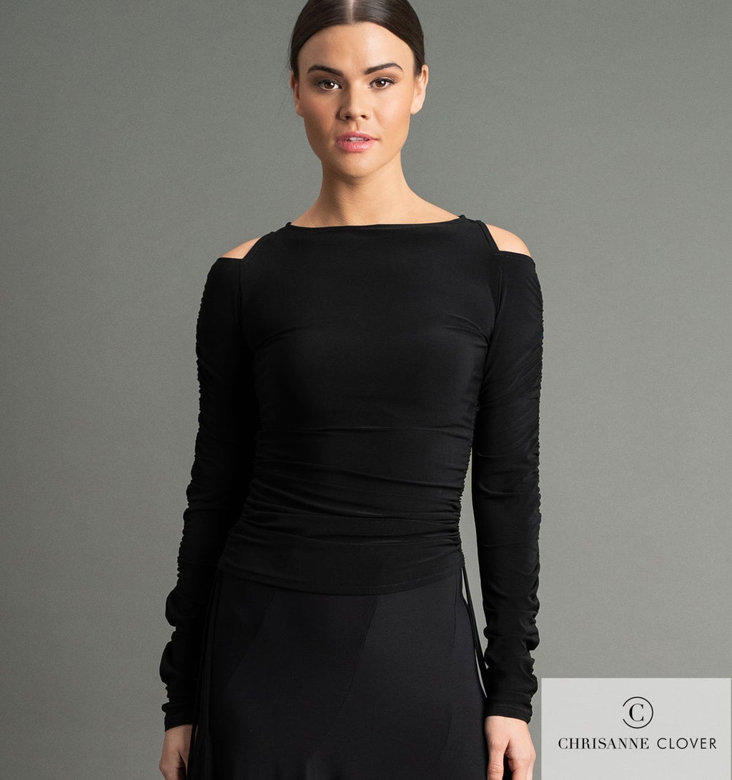 Close-up of the Chrisanne Clover Olivia top showing the ruched seams