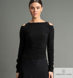 Close-up of the Chrisanne Clover Olivia top showing the ruched seams