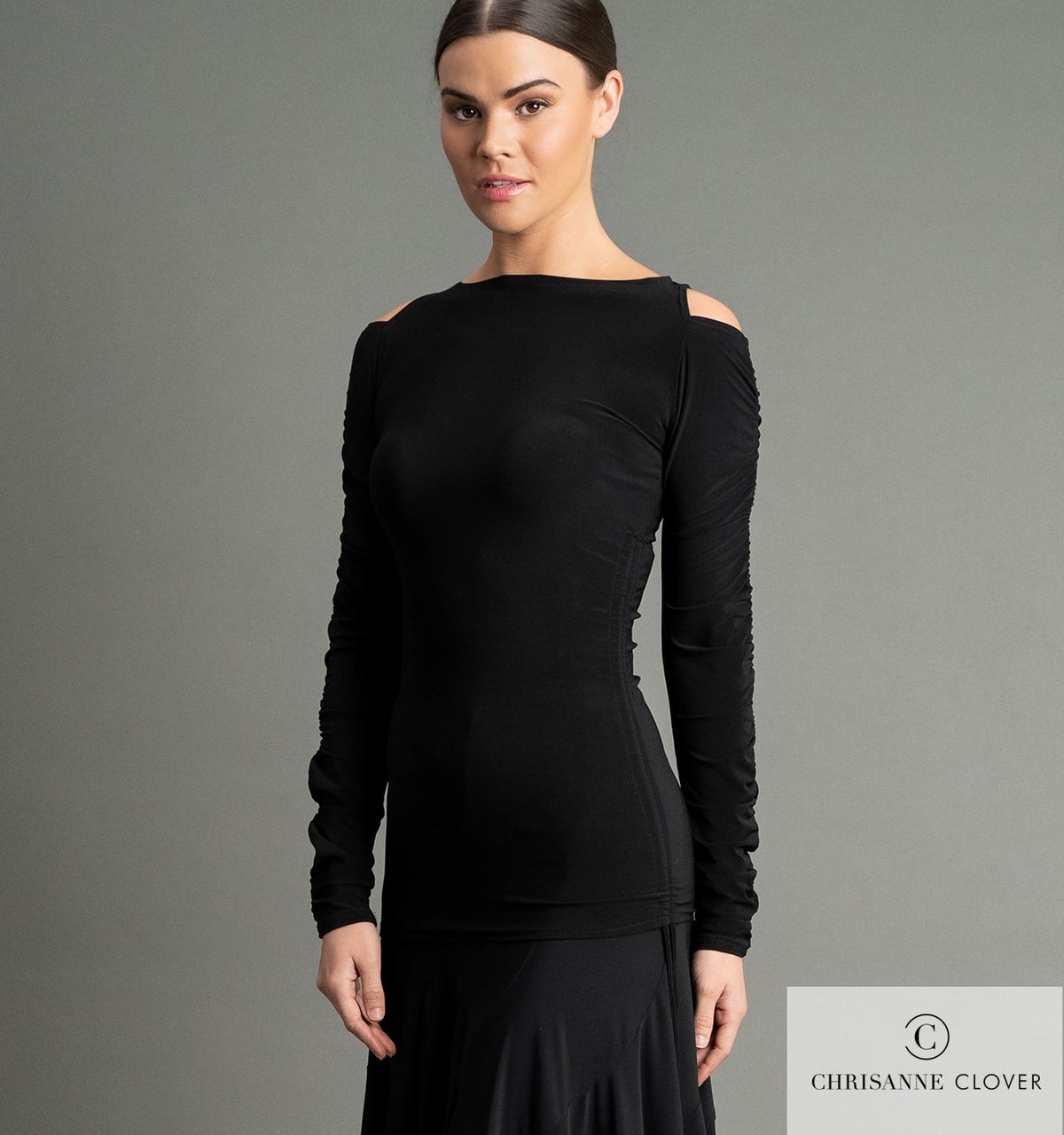 Chrisanne Clover Olivia ruched dance top in black — front view