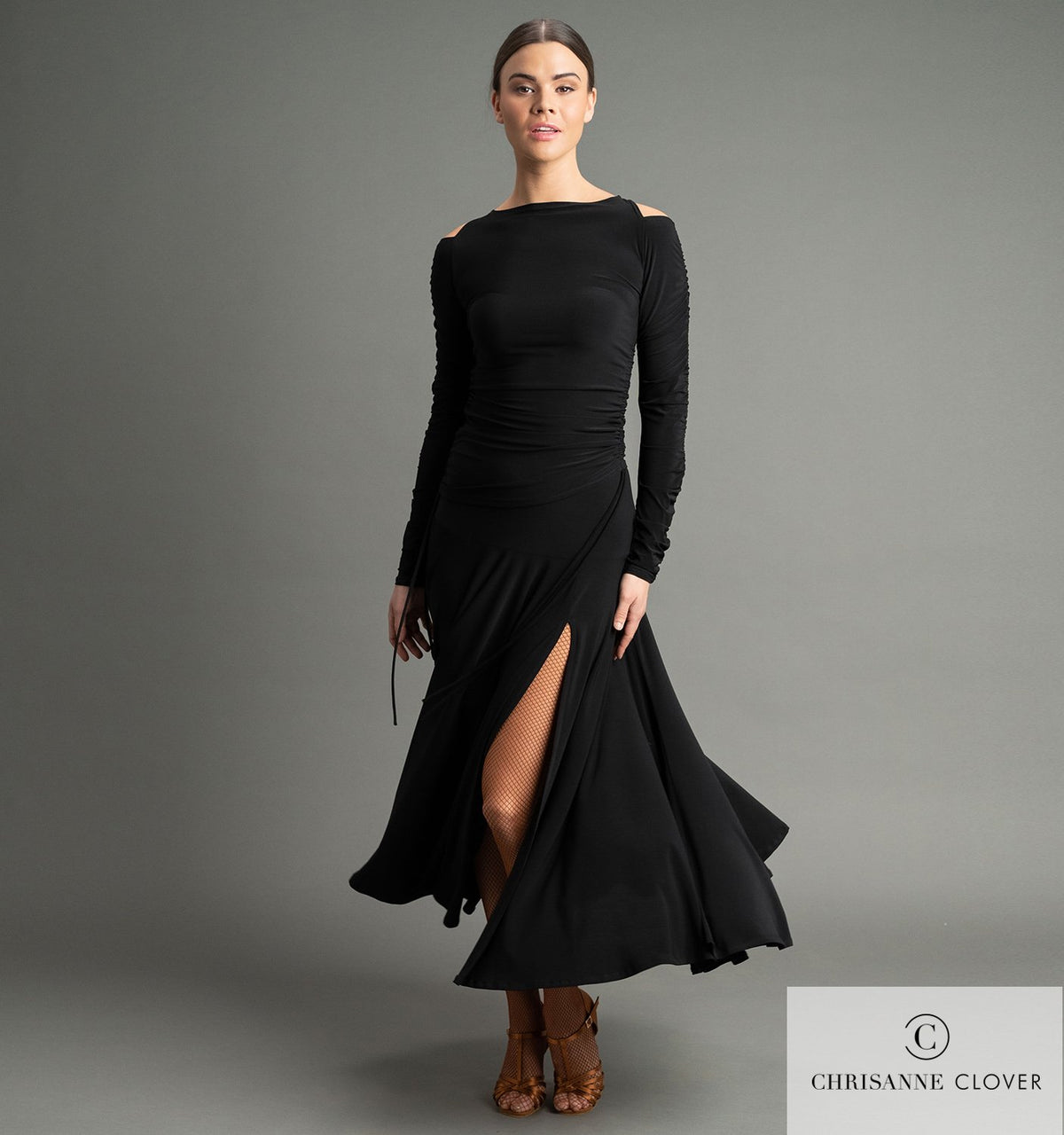 Chrisanne Clover Olivia top worn with a split Latin skirt