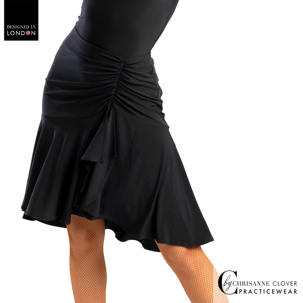 Chrisanne Clover Theia Latin skirt in black — ruched front panel gathered to the left