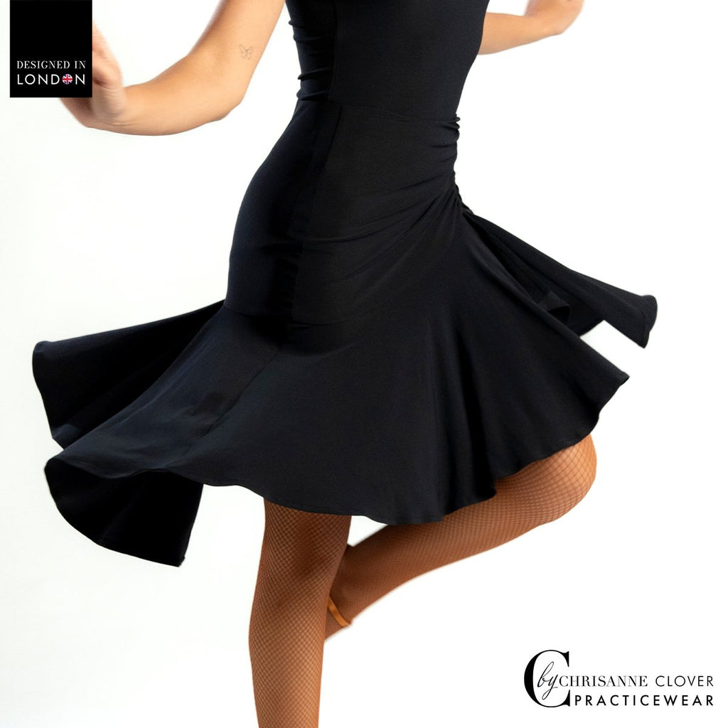 Chrisanne Clover Theia Latin skirt in movement, showing the flared skirt and left split