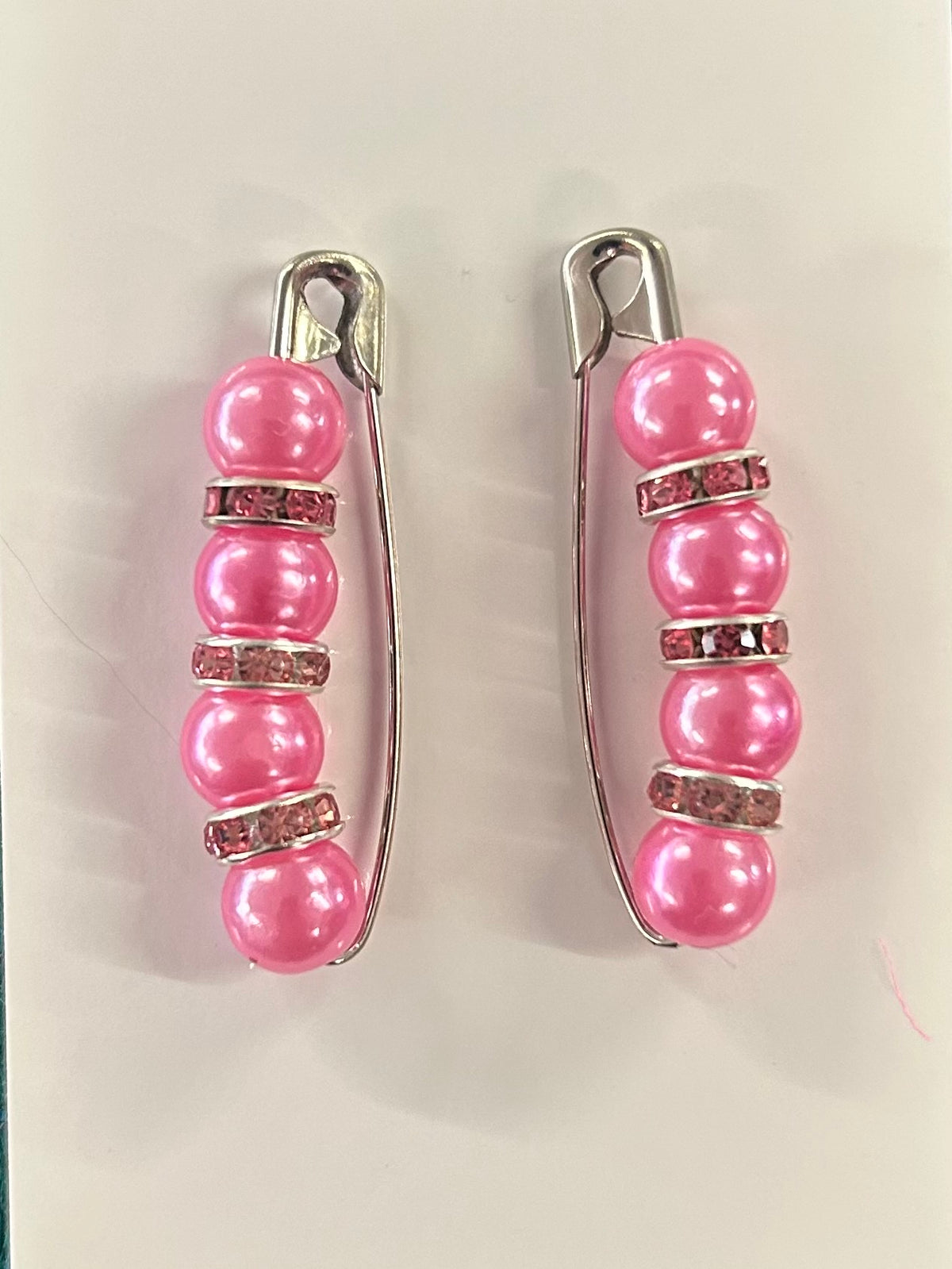 Crystal beaded competition number pins (pair) — pink pearls with pink crystal rondelles