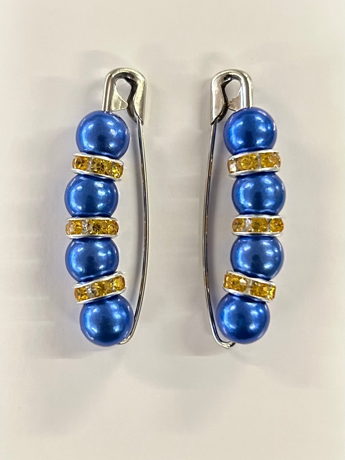 Crystal beaded competition number pins (pair) — royal blue pearls with gold crystal rondelles