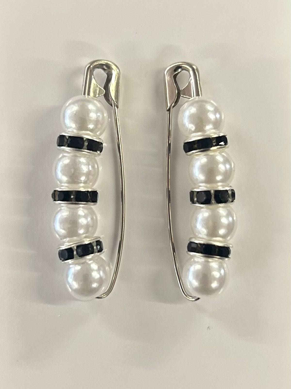 Crystal beaded competition number pins (pair) — white pearls with jet black crystal rondelles