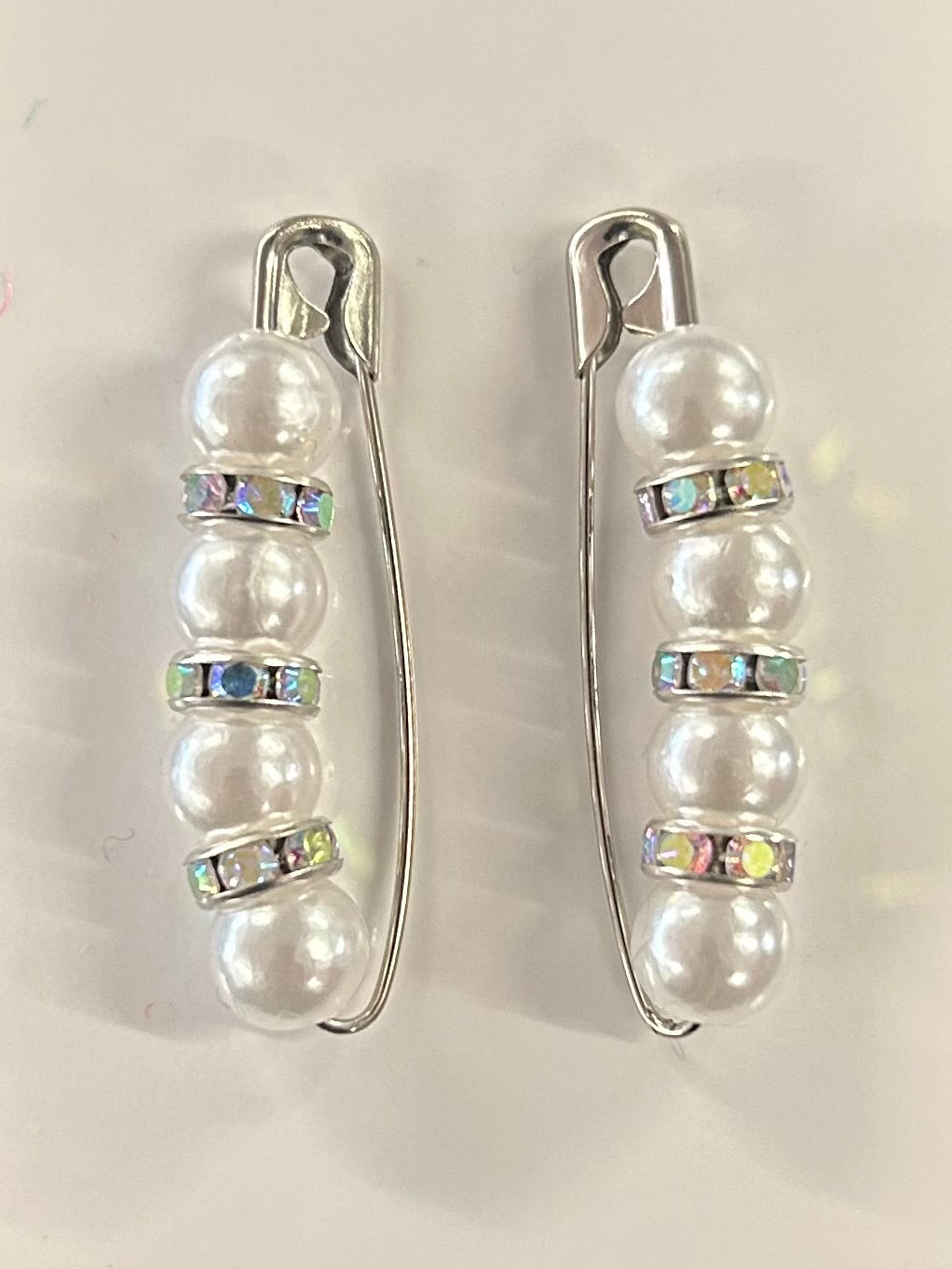 Crystal beaded competition number pins (pair) — white pearls with AB crystal rondelles