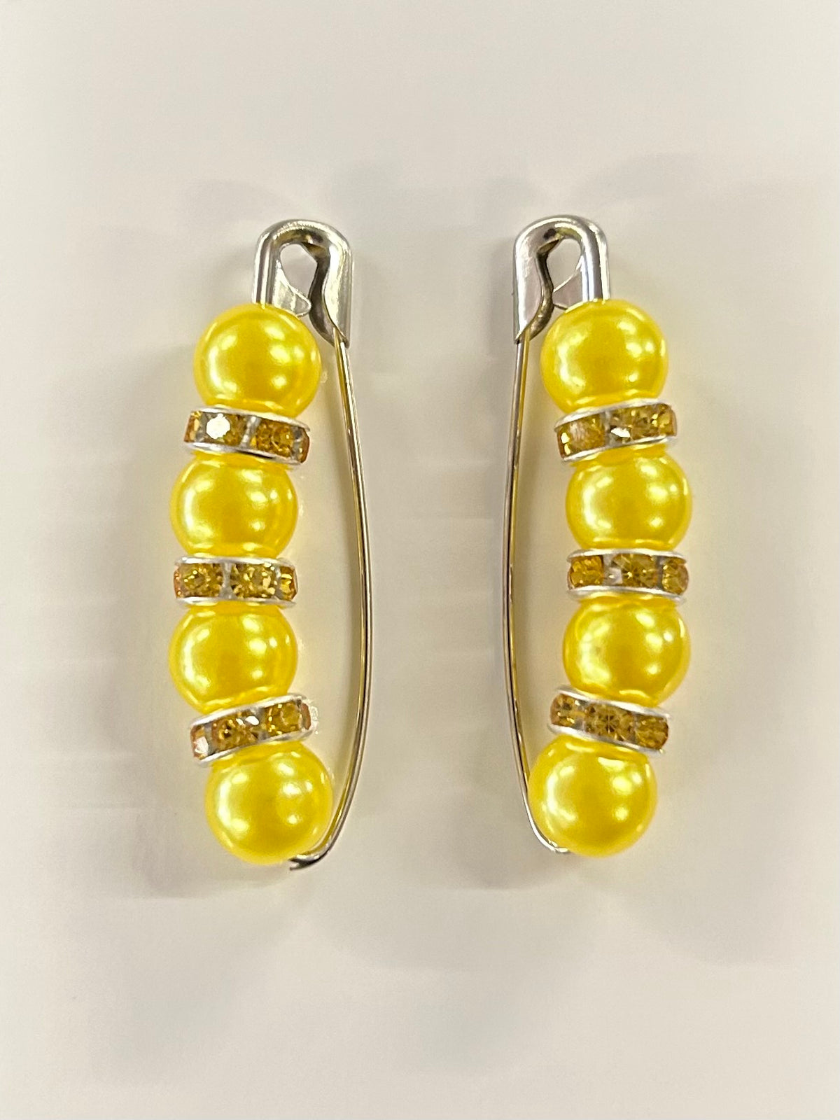 Crystal beaded competition number pins (pair) — yellow pearls with yellow crystal rondelles