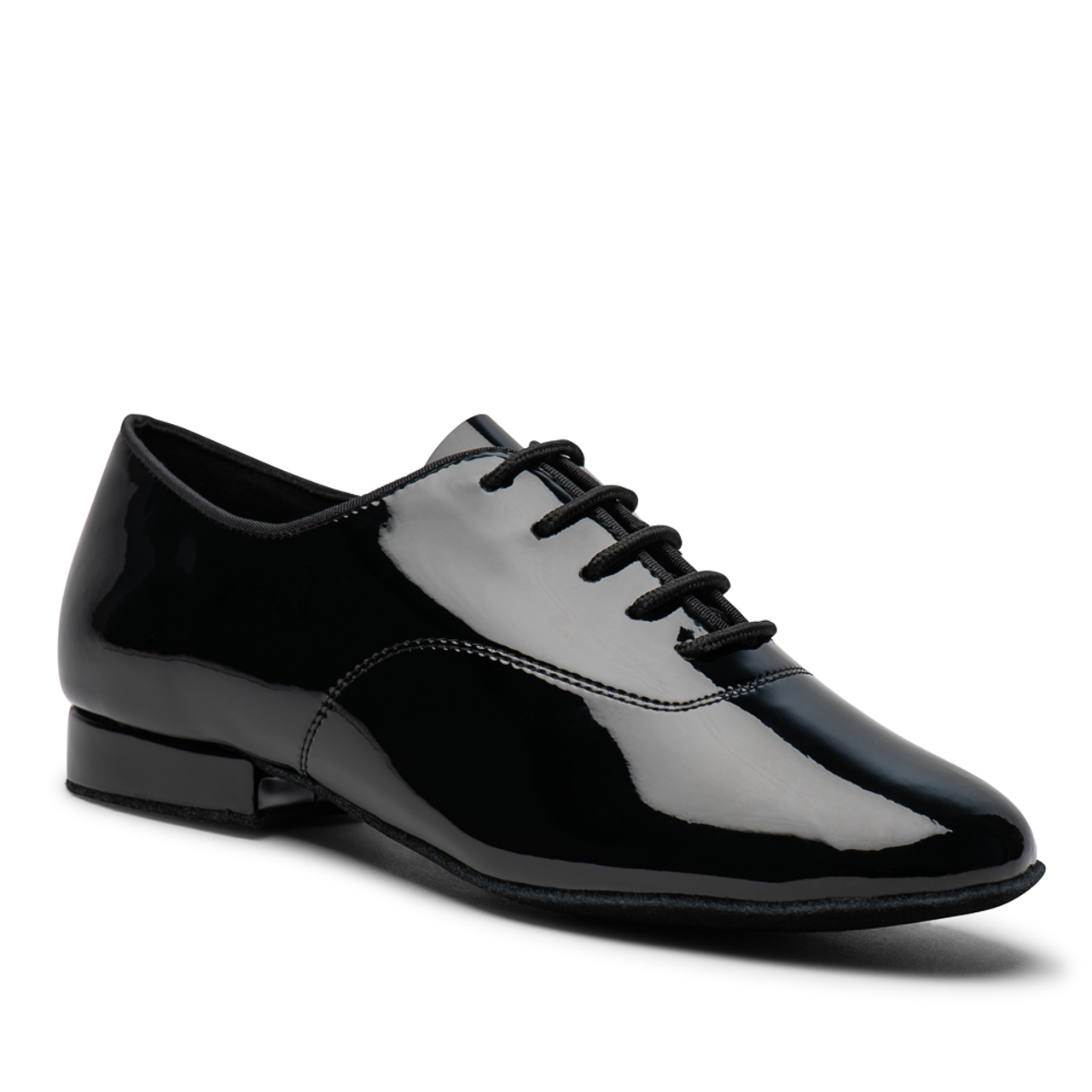 Dansport Boys MT black patent full-sole Ballroom dance shoe highlighting the mirror-shine gloss finish and supportive low-profile classic heel.