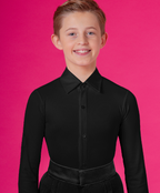 DSI London 1076 boys competition dance shirt in black stretch fabric option, tailored regulation juvenile dancesport apparel