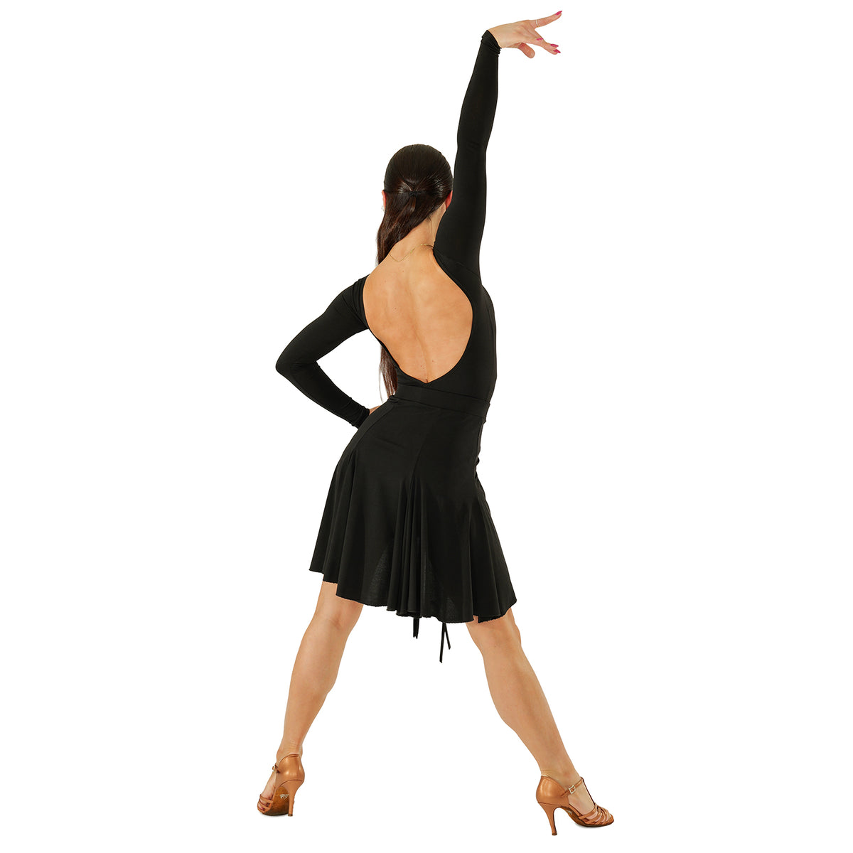 DSI 3281 ruched front Latin skirt from the back in a Latin pose