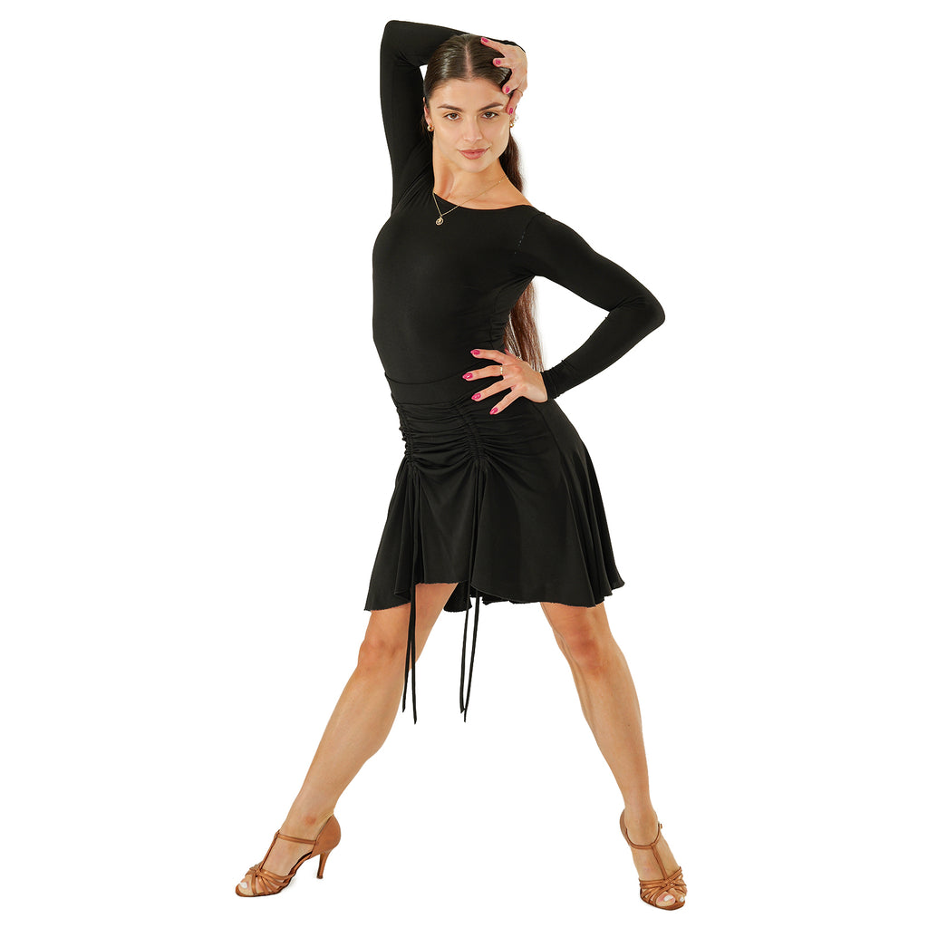 DSI London 3281 ruched front Latin skirt in black — front view with the ruching ties