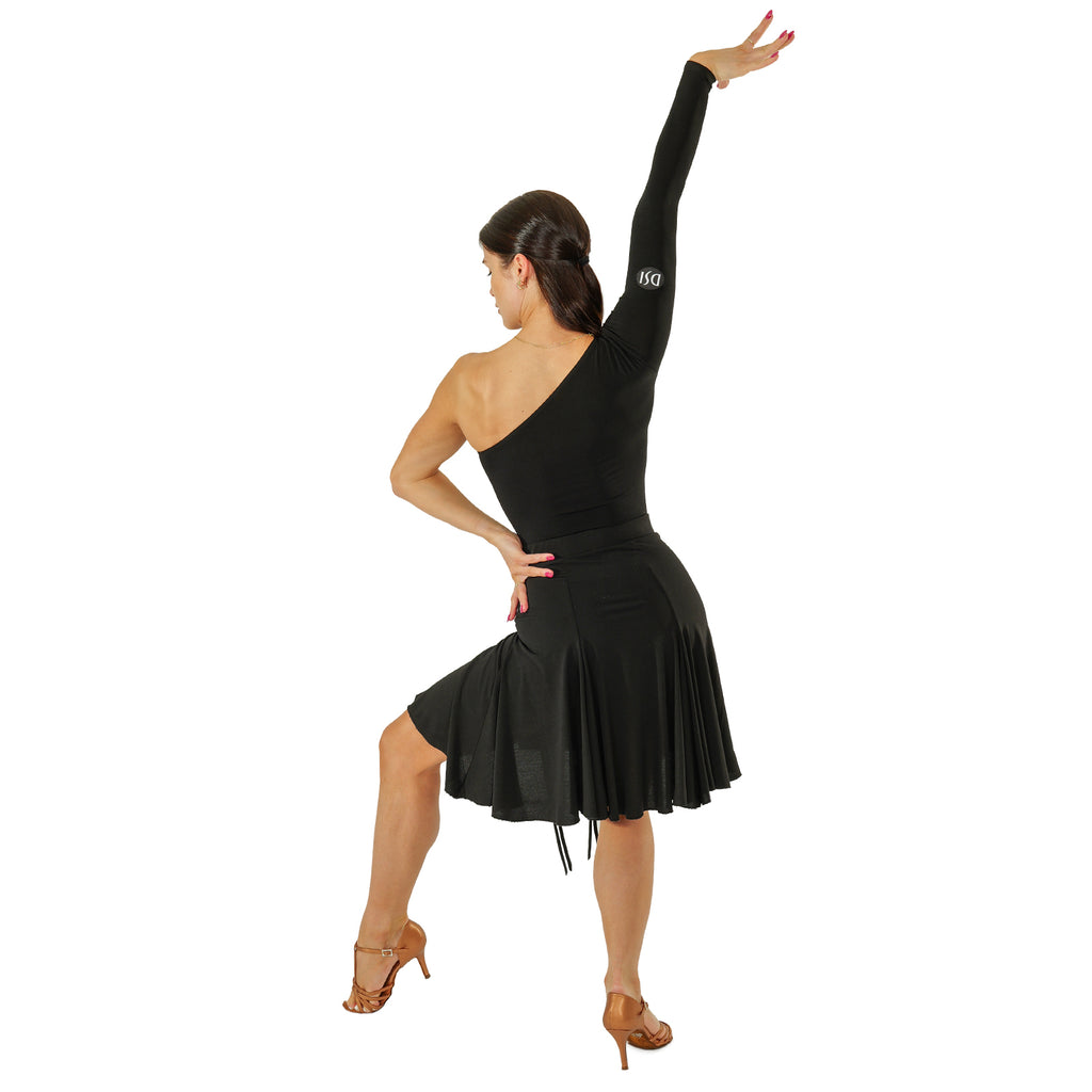 Back view of the DSI 3285 one shoulder leotard worn with a flared Latin skirt