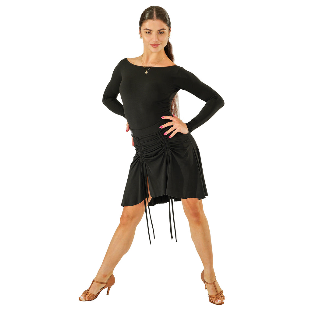DSI London 3286 low back leotard in black — front view with boat neckline and long sleeves