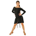 DSI London 3286 low back leotard in black — front view with boat neckline and long sleeves