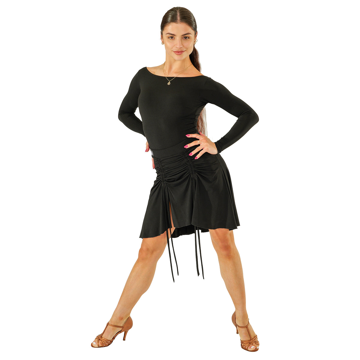 DSI London 3286 low back leotard in black — front view with boat neckline and long sleeves