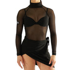 Close-up of the polo neckline and DSI logo on the 3288 mesh leotard