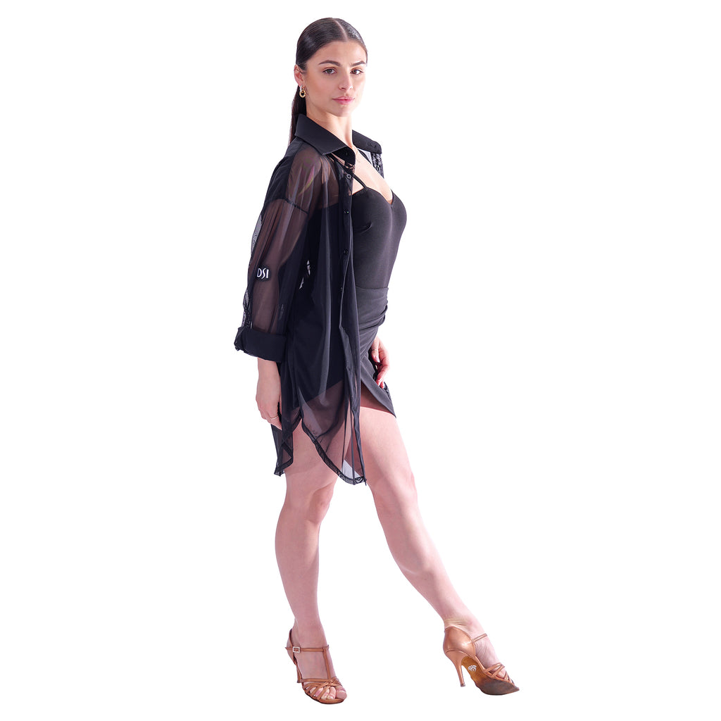 Lady wearing the DSI 3289 unisex mesh shirt over a leotard